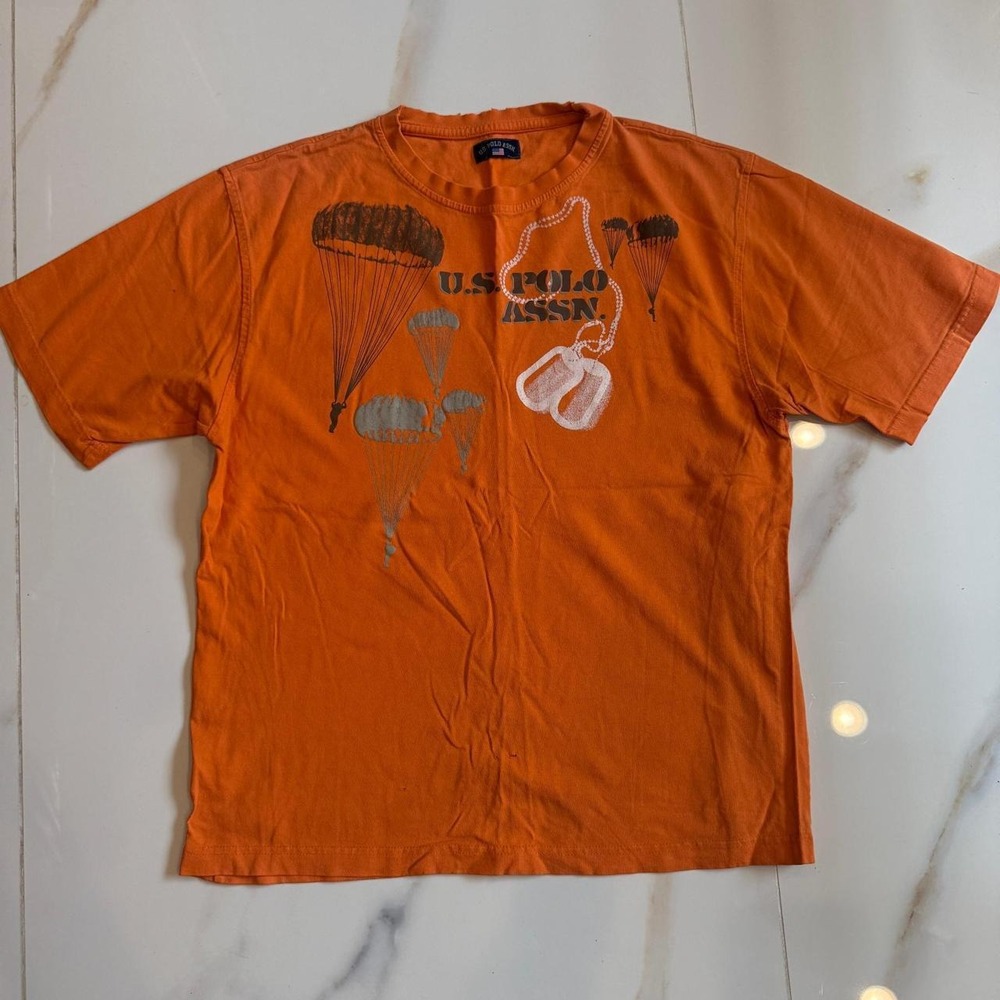 US Polo Assn Mens Orange Graphic T-Shirt Parachute Dog Tags Military Style